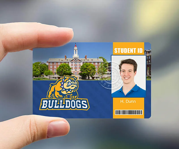 fingers holding student ID with bulldogs mascot