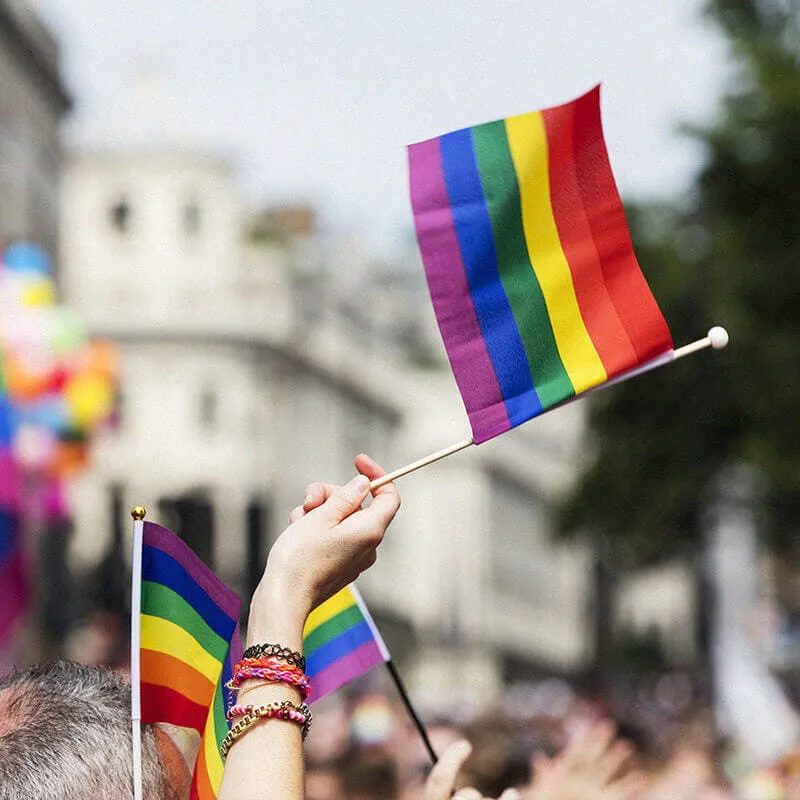Persona agitando una bandera con el arcoíris