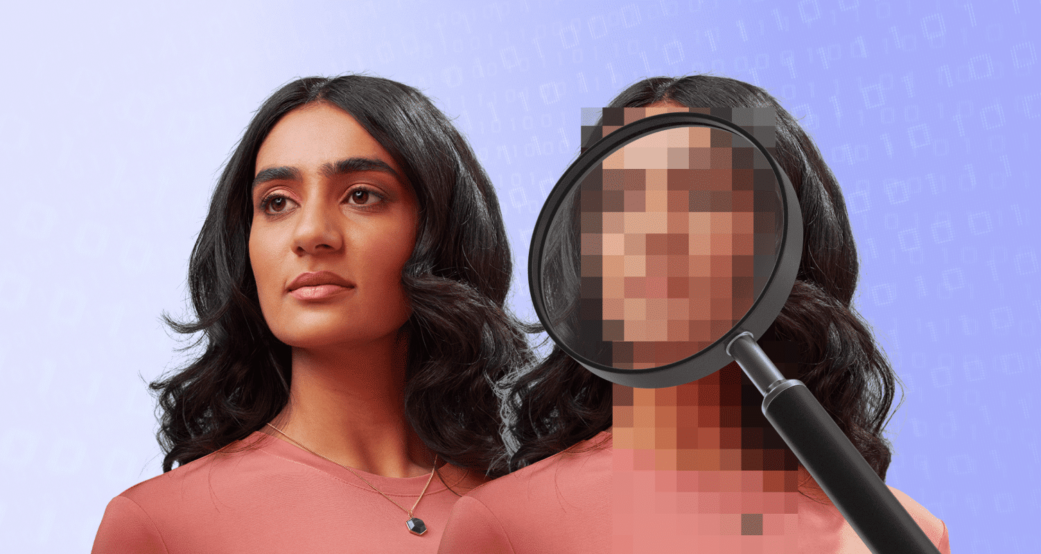 woman with dark hair with magnifying glass zooming in
