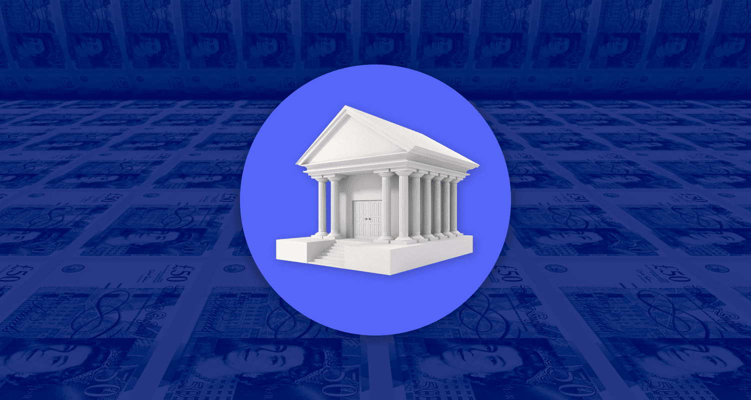 A white building with pillars with UK money in the background