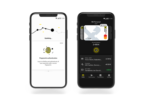 Raiffeisen app shown on side by side phone screens