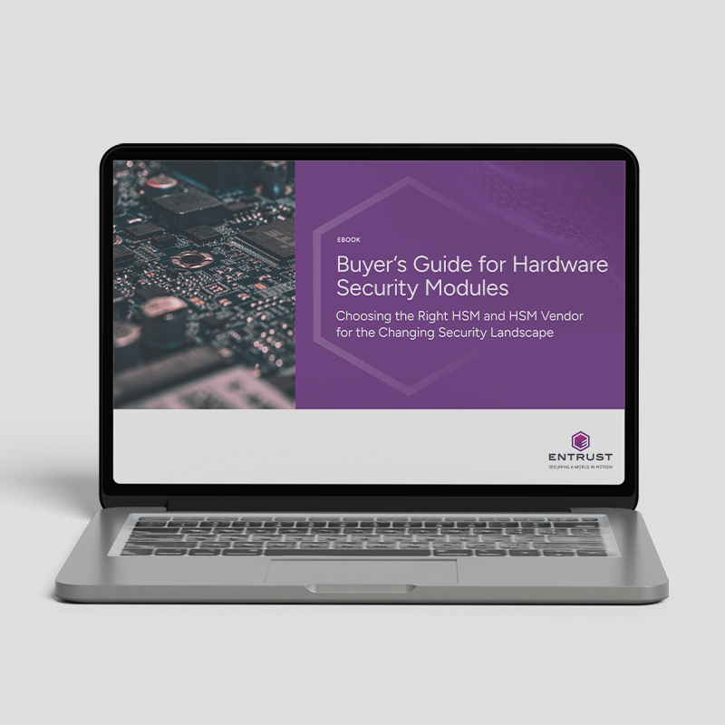 Laptop showing eBook titled ‘Buyer’s Guide for Hardware Security Modules’ by Entrust.