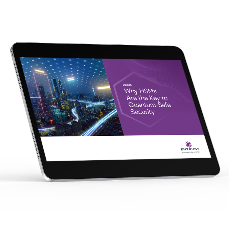Tablet screen displaying a digital slide titled "Why HSMs Are the Key to Quantum-Safe Security" with a cityscape background