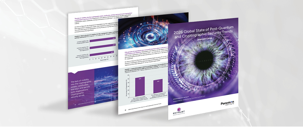 Overlapping pages of a purple‑themed post‑quantum security report with charts and digital imagery