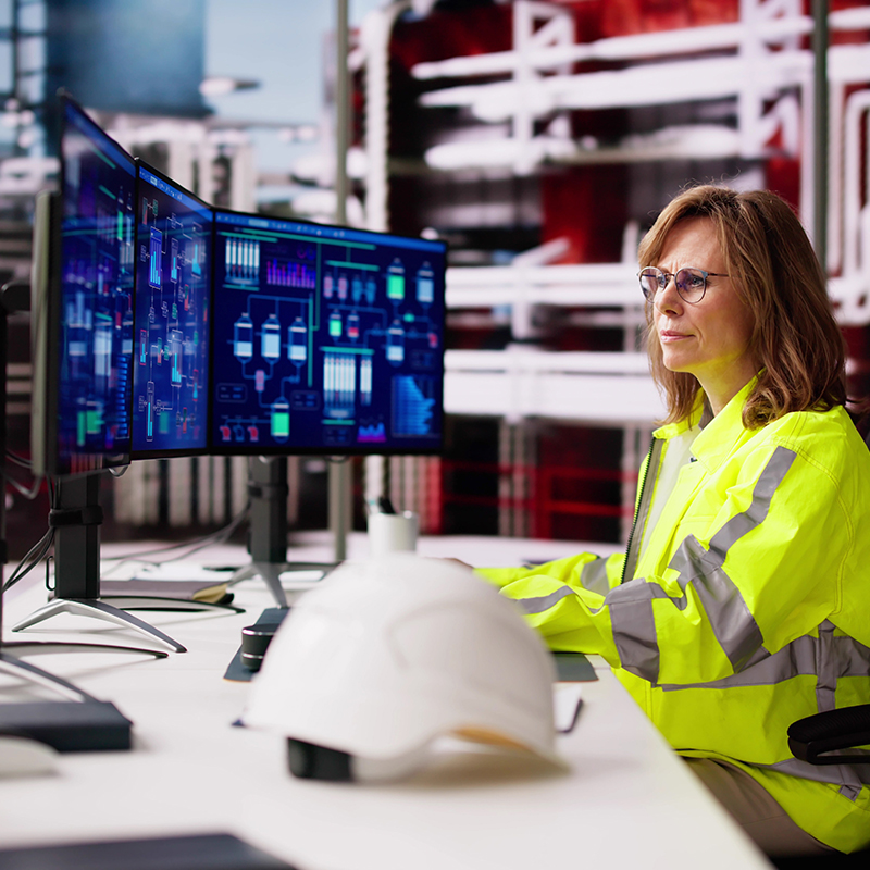 Ein Arbeiter in einer Warnweste überwacht komplexe Daten auf mehreren Computerbildschirmen in einem industriellen Kontrollraum