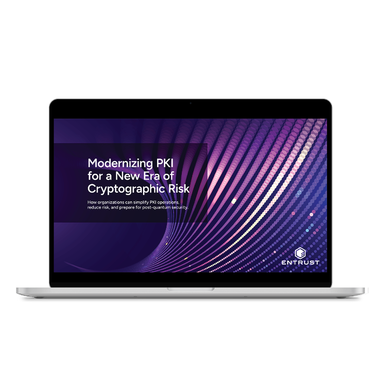 Laptop displaying a purple graphic slide titled ‘Modernizing PKI for a New Era of Cryptographic Risk’