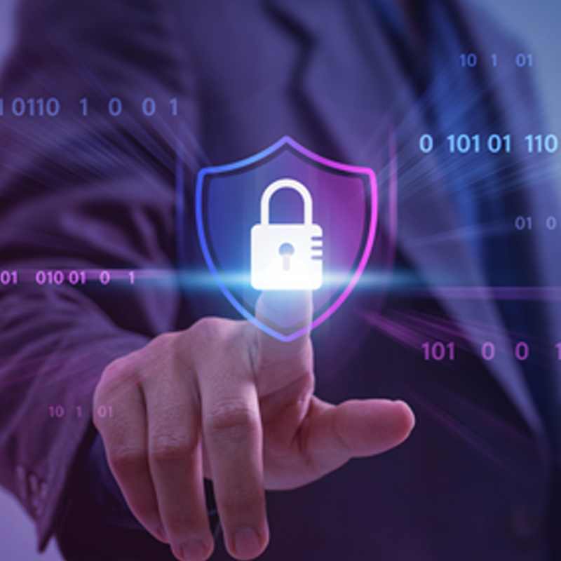 Hand touching a digital lock icon over binary code background