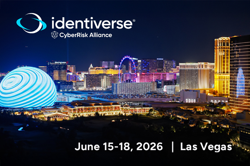 Las Vegas skyline at night with Identiverse CyberRisk Alliance event details
