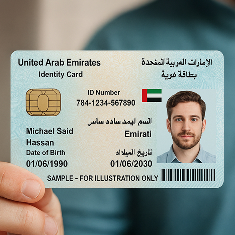 man holding United Arab Emirates ID