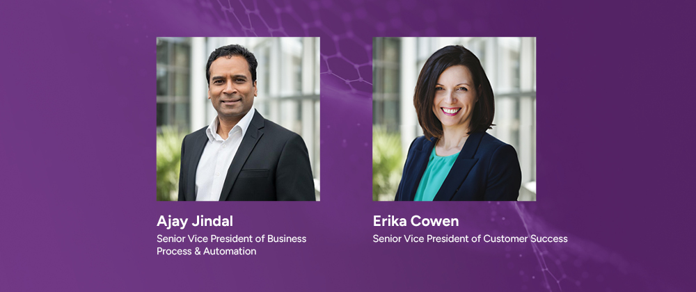 Executive headshots of Ajay Jindal and Erika Cowen on a purple background