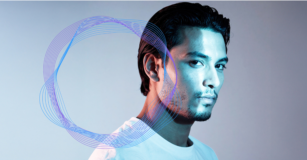 Abstract portrait with glowing circular lines around the head