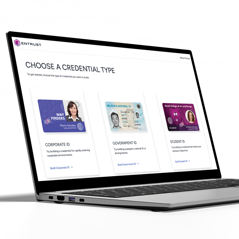 Laptop showing credential builder with corporate, government, and student ID options