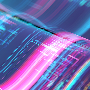 Abstract neon data waves in blue and pink flowing across a digital background