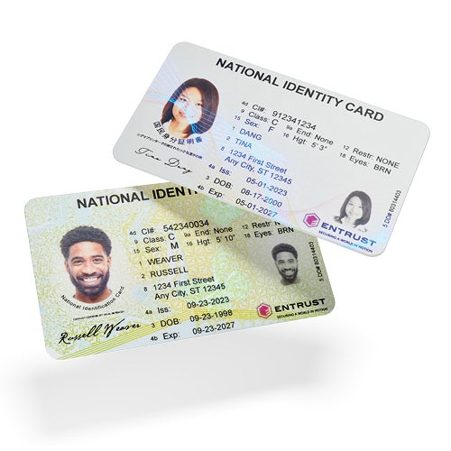 Two sample national identity cards with portrait photos, security patterns, and Entrust branding displayed at an angle
