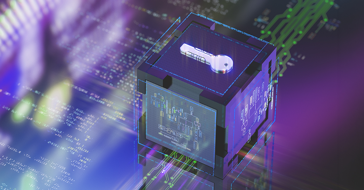 Digital safe with key on circuit board background