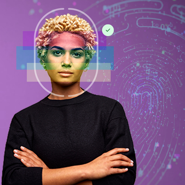 Person with arms crossed and facial recognition overlay, fingerprint pattern in background