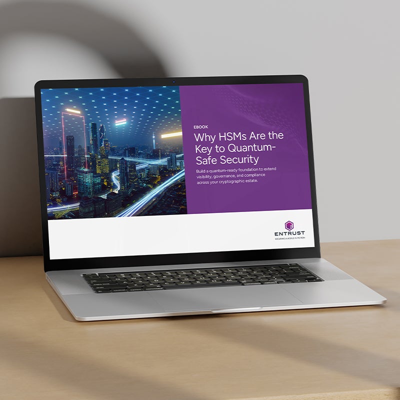 Tablet screen displaying a digital slide titled "Why HSMs Are the Key to Quantum-Safe Security" with a cityscape background