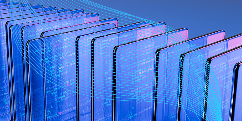 row of tablets with abstract tech wave