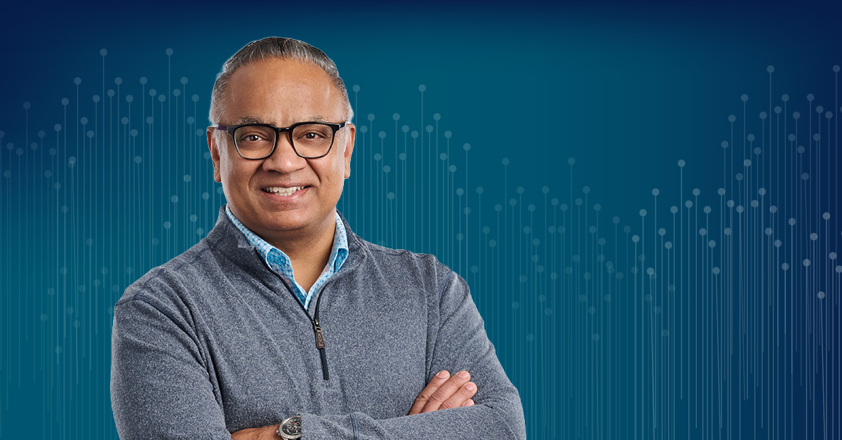 headshot of Anudeep Parhar on blue digital background