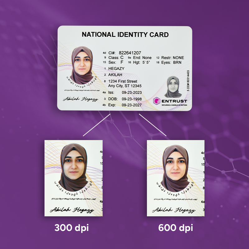 National ID card graphic with portrait quality comparison at 300 dpi and 600 dpi