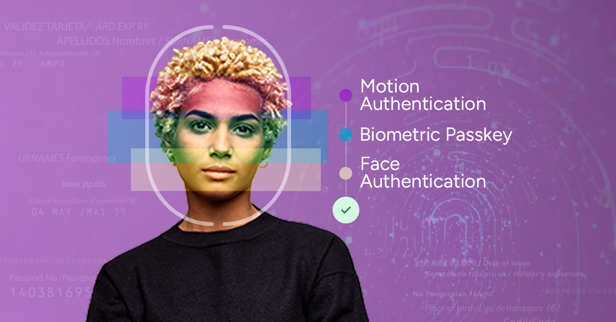 Biometric authentication illustration showing facial recognition, passkeys, and identity verification layers