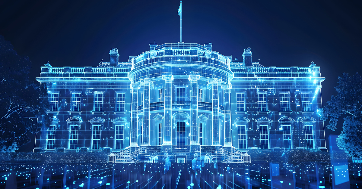 Digital rendering of the White House with glowing blue network connections