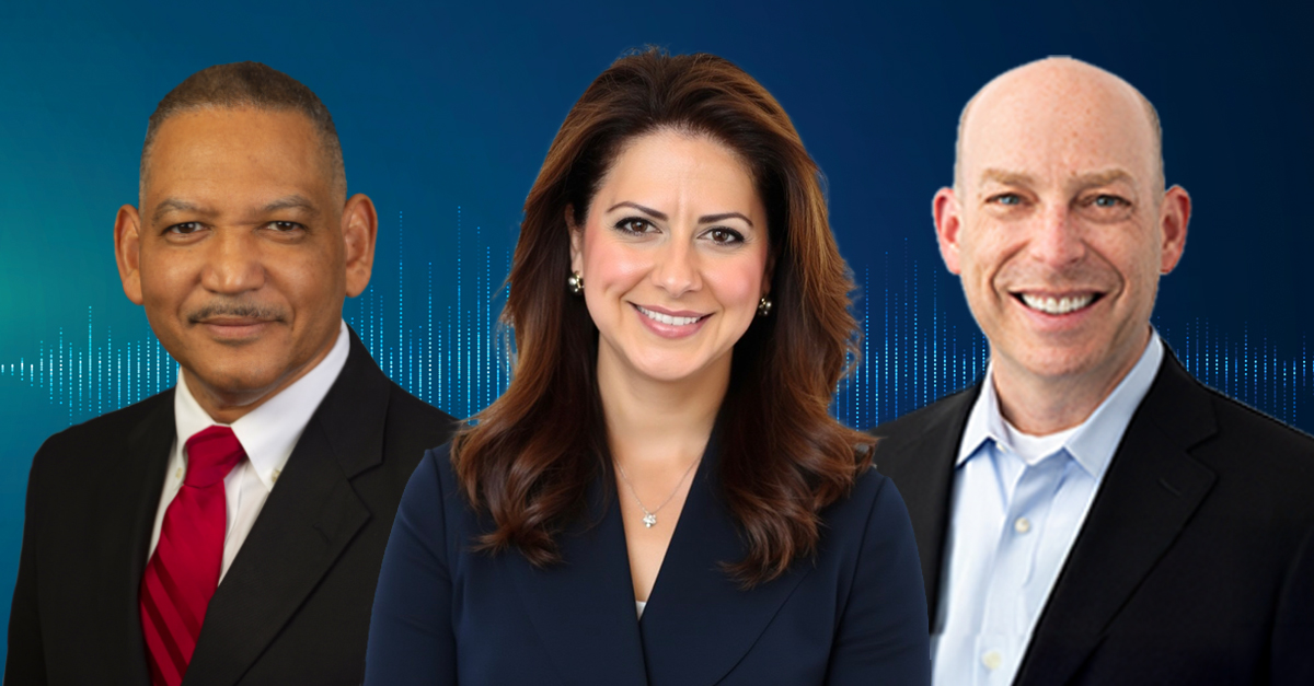 Three professional headshots against a blue background with an audio waveform graphic