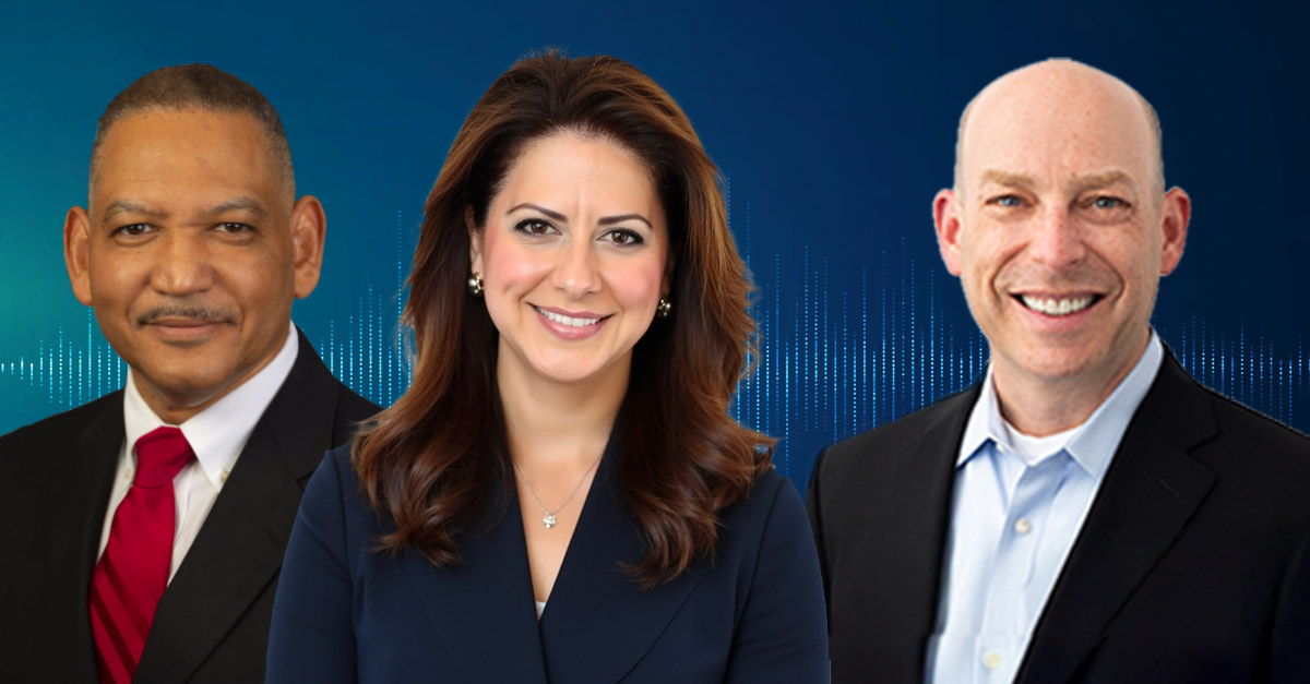 Three professional headshots against a blue background with an audio waveform graphic