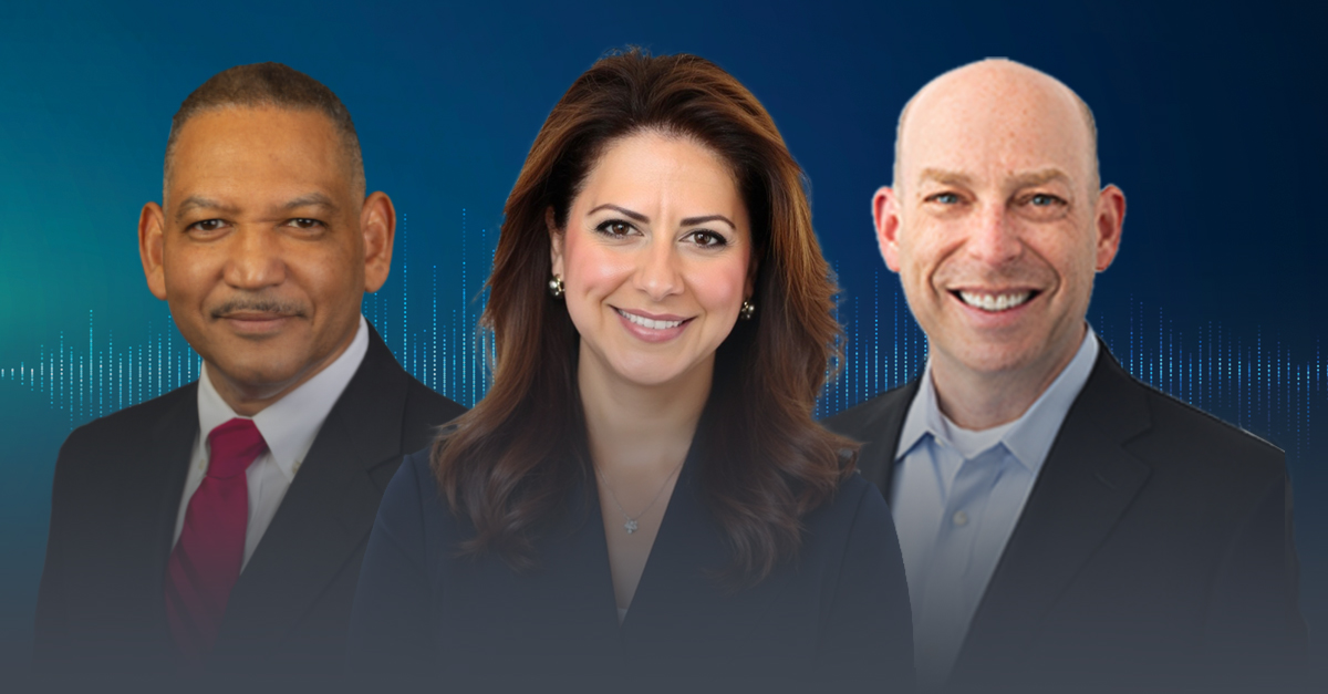 Three professional headshots against a blue background with an audio waveform graphic