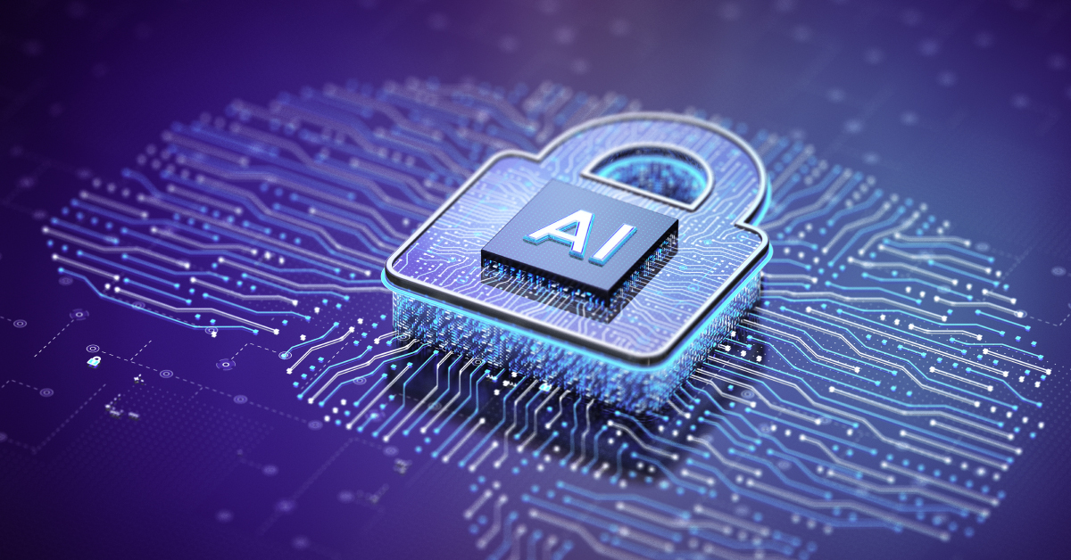 AI chip within a padlock on a circuit board, representing AI security and data protection