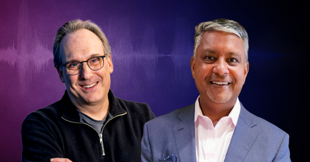Two people posed side by side against a purple and blue background with a subtle audio waveform graphic