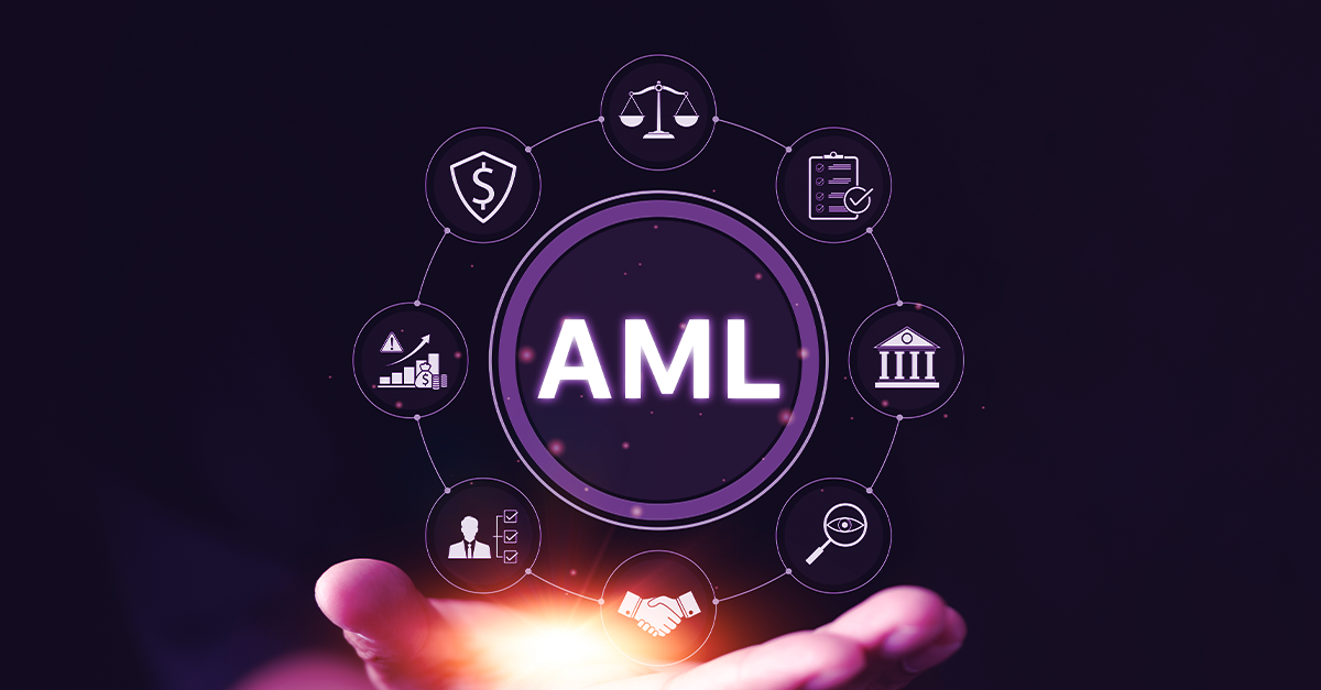 AML compliance concept with anti-money laundering icons surrounding a central AML symbol above an open hand