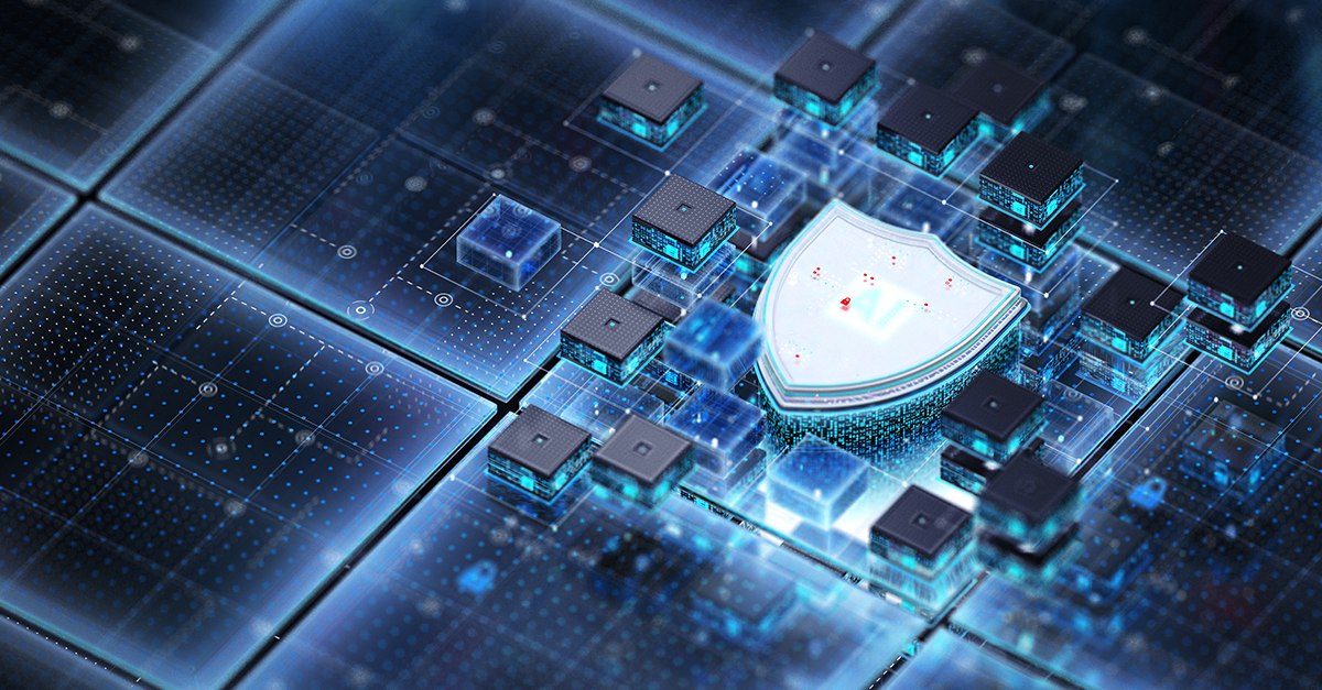 Digital shield icon surrounded by interconnected computer chips on a secure hardware circuit board
