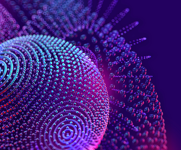 Abstract purple and blue digital sphere made of glowing dots