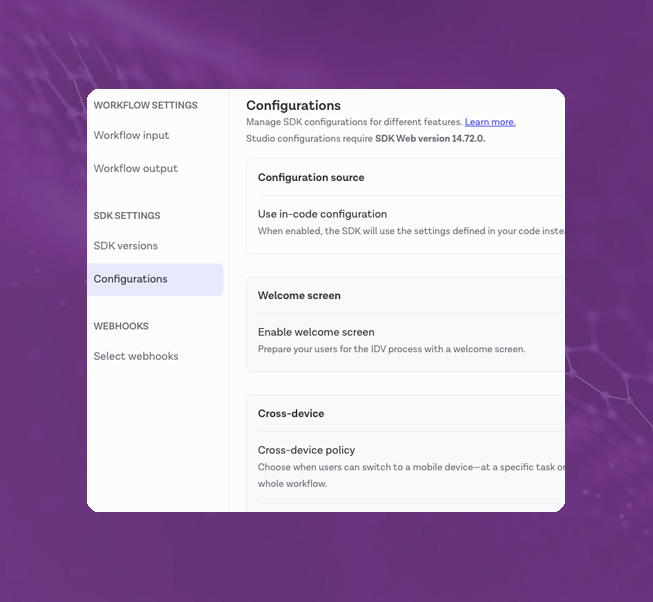 Workflow configuration dashboard with SDK settings options