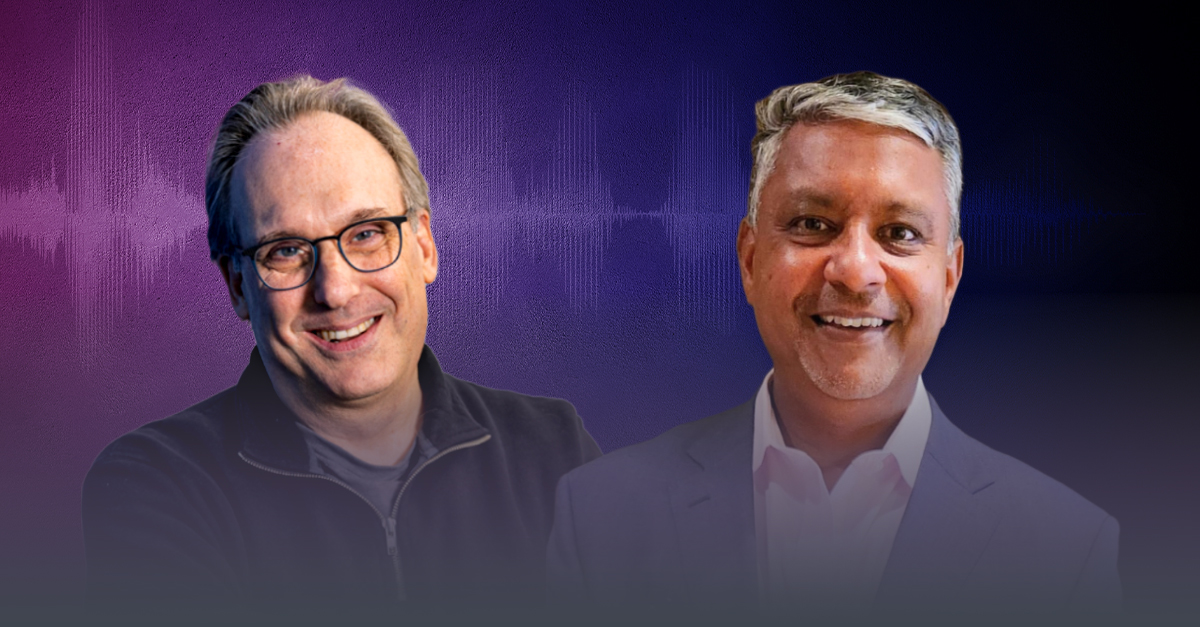 Two people posed side by side against a purple and blue background with a subtle audio waveform graphic