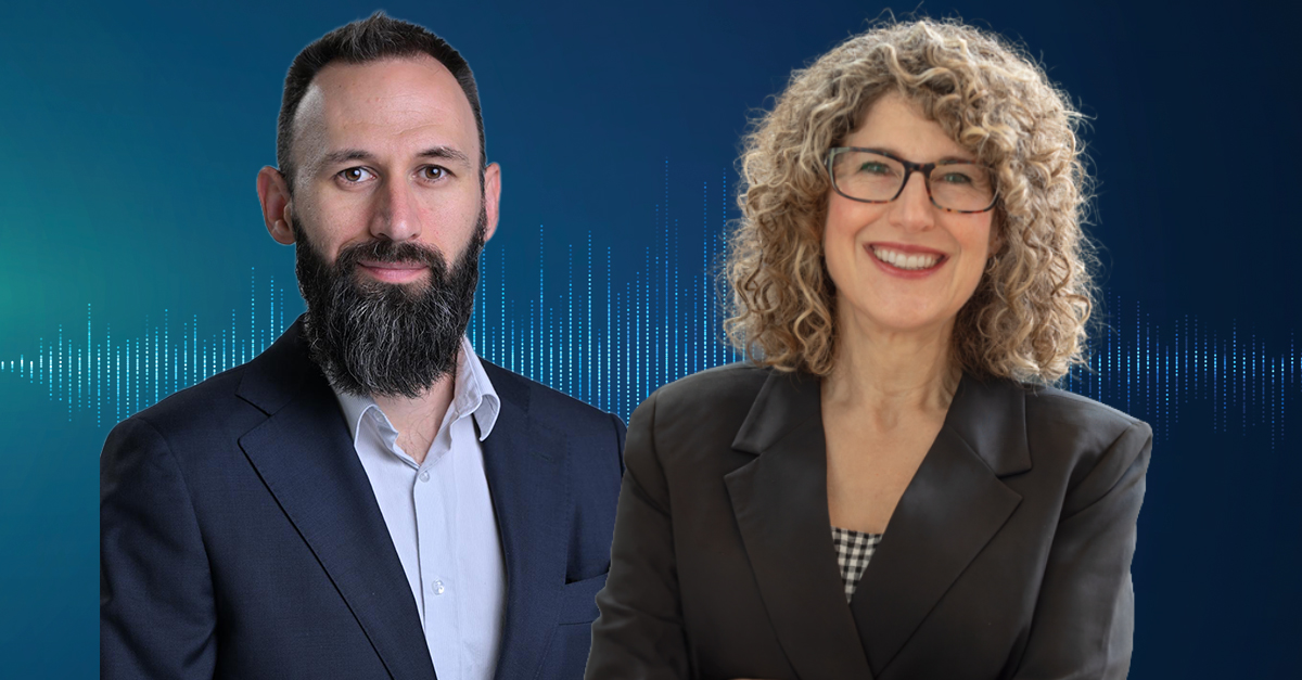 Two professional speakers with podcast audio waveform background