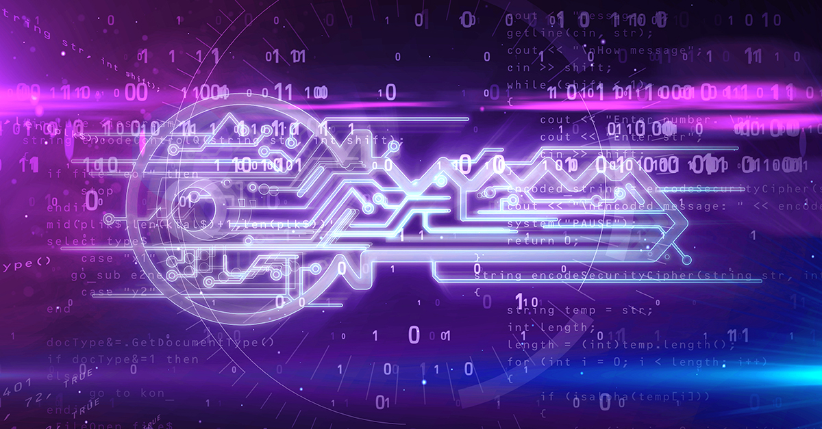 Digital key icon with glowing circuit lines, binary code, and cybersecurity graphics on a purple background