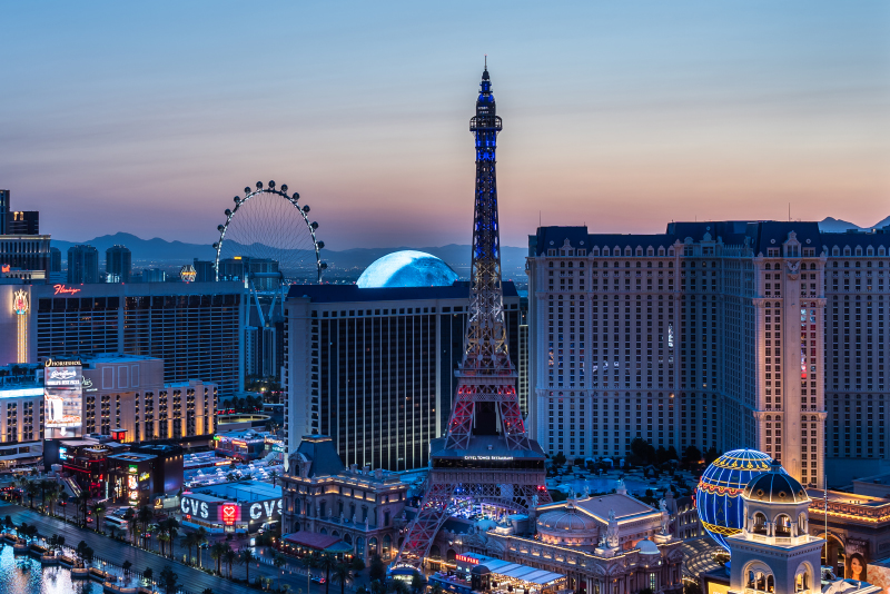 areal view of Las Vegas at dusk