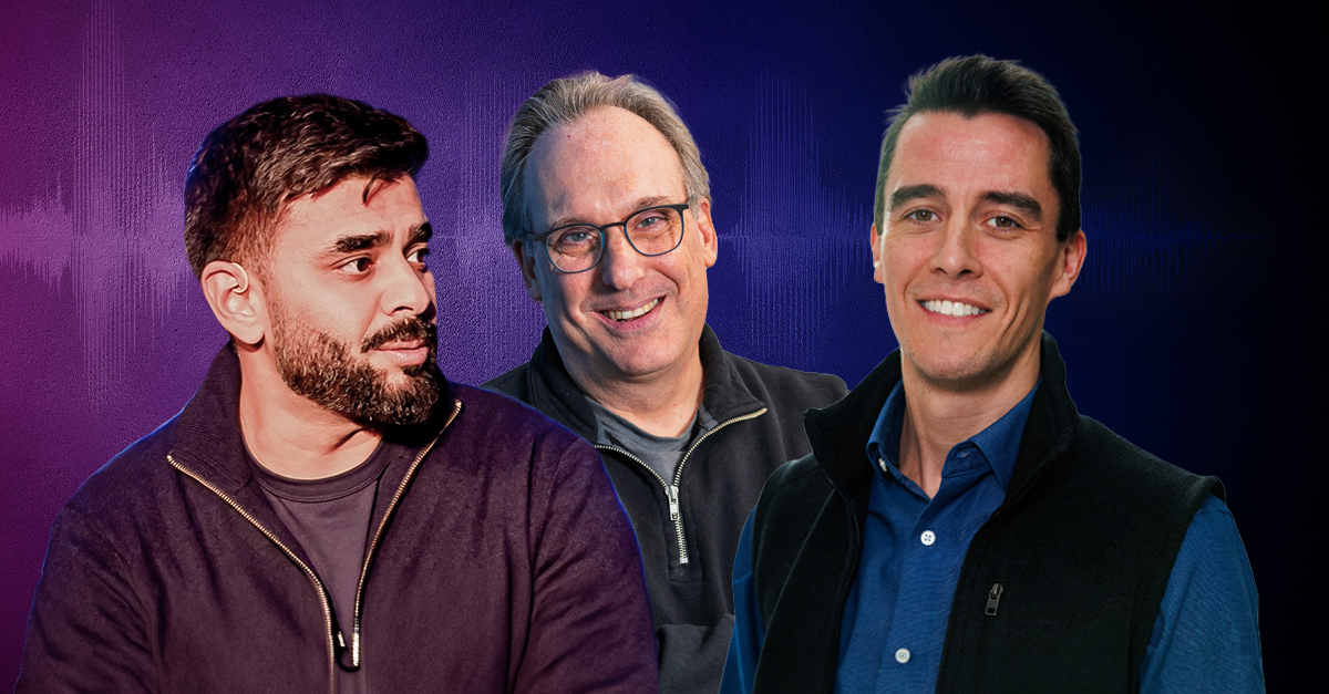 Three speaker portraits arranged side by side on a purple-to-blue gradient background with subtle audio waveform graphics
