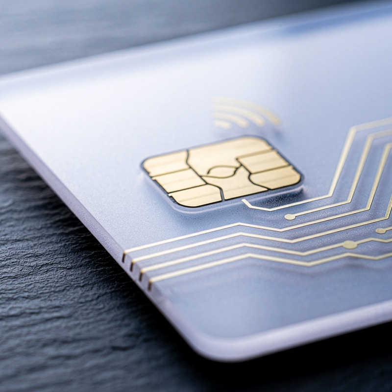 Close-up of a smart card chip with contactless payment symbol and circuit pattern design