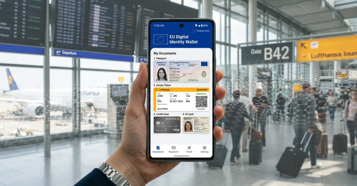 Hand holding a smartphone displaying an EU Digital Identity Wallet with passport, boarding pass, and ID documents in an airport terminal