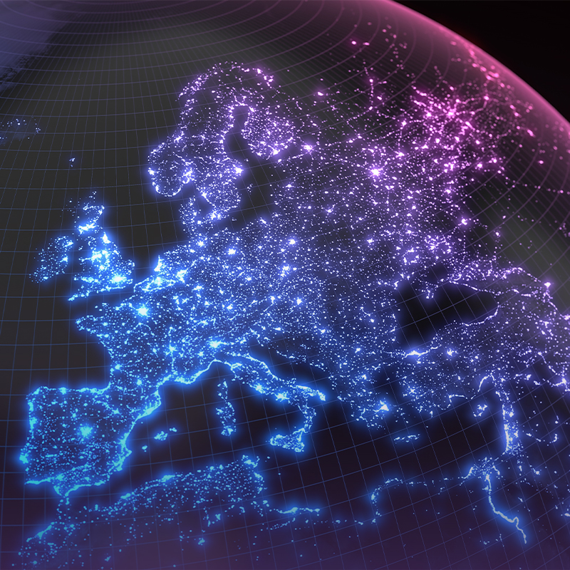 Glowing digital map of Europe highlighting connected cities and networks