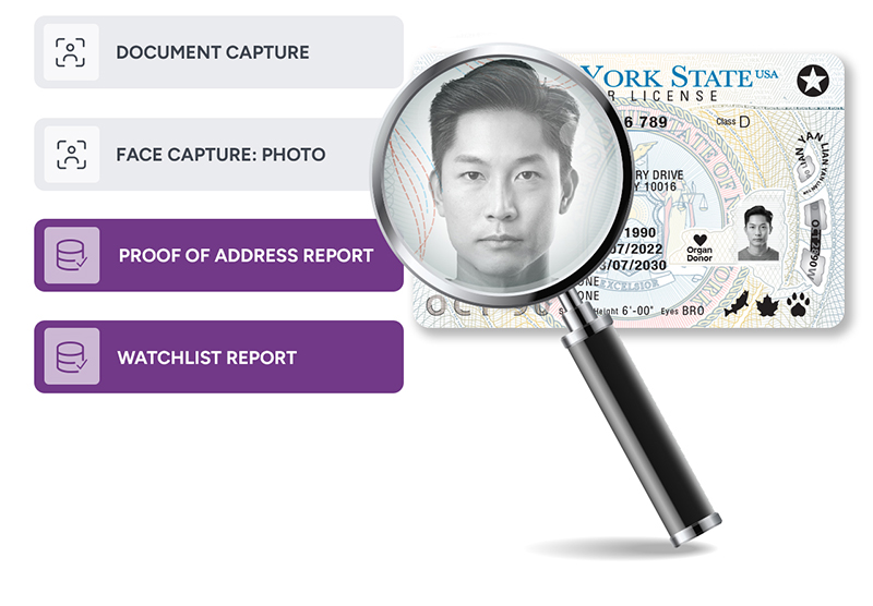 Document verification workflow with proof of address and watchlist screening alongside a magnified ID photo