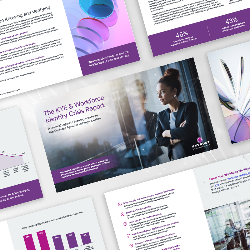 Cover of the KYE & Workforce Identity Crisis Report featuring a professional standing in an office, surrounded by report pages, charts, and graphics