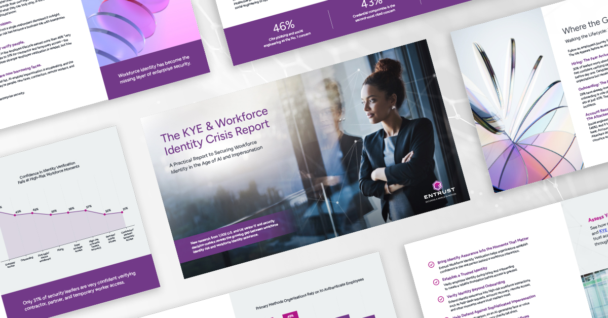 Cover of the KYE & Workforce Identity Crisis Report featuring a professional standing in an office, surrounded by report pages, charts, and graphics