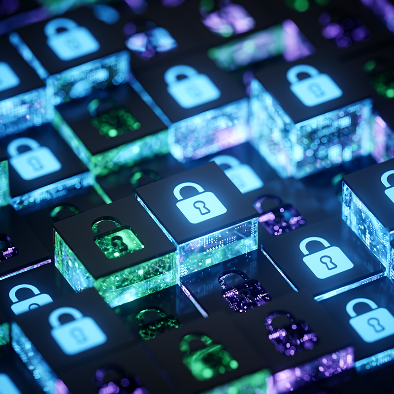 Illuminated padlock icons on digital blocks representing data security and compliance
