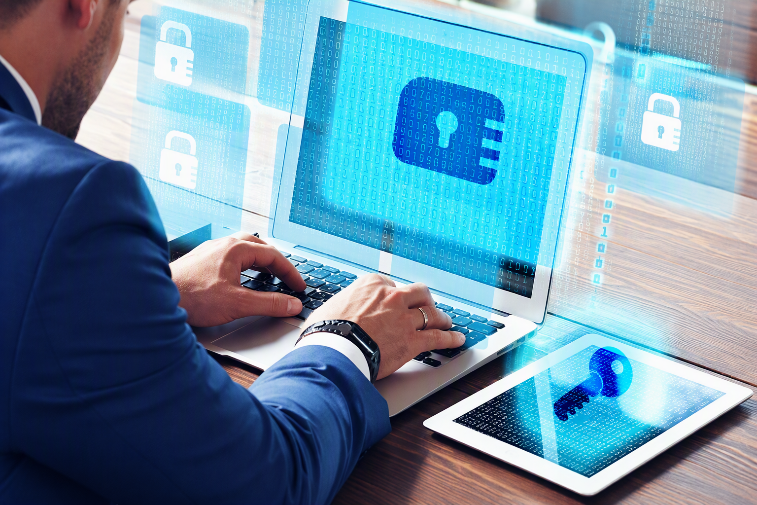Close upon someone typing on a computer with a security icon on the screen