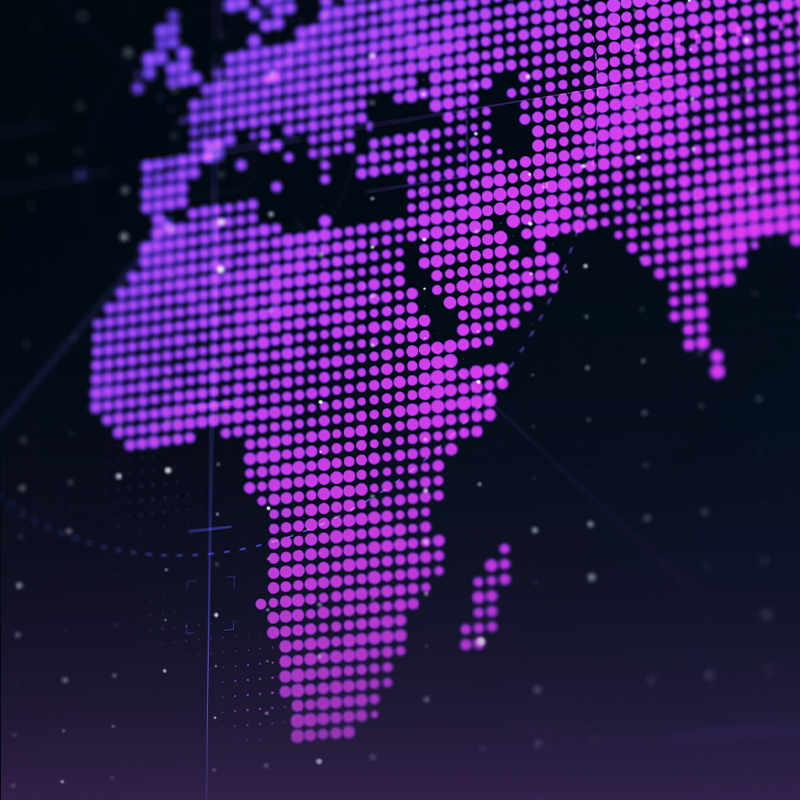 Purple dotted map of the Middle East and Africa on a digital background
