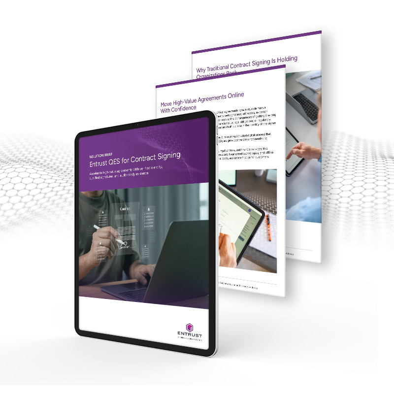 Entrust QES for Contract Signing solution brief displayed on tablet with supporting document pages